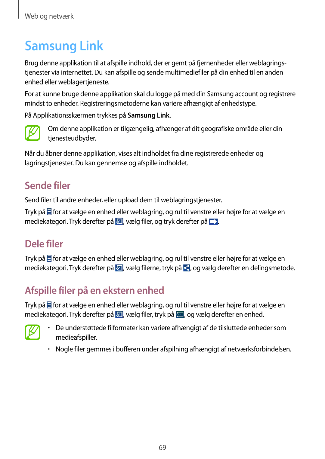 Samsung GT-I9301RWZNEE, GT-I9301MBINEE manual Samsung Link, Sende filer, Dele filer, Afspille filer på en ekstern enhed 