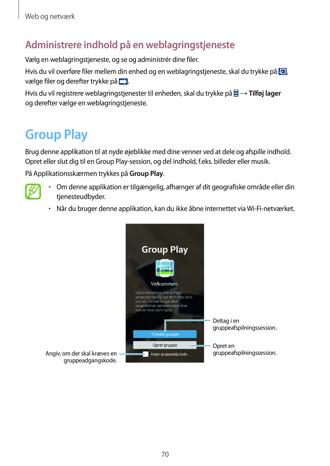 Samsung GT-I9301OKZNEE, GT-I9301MBINEE, GT-I9301MBZNEE manual Group Play, Administrere indhold på en weblagringstjeneste 