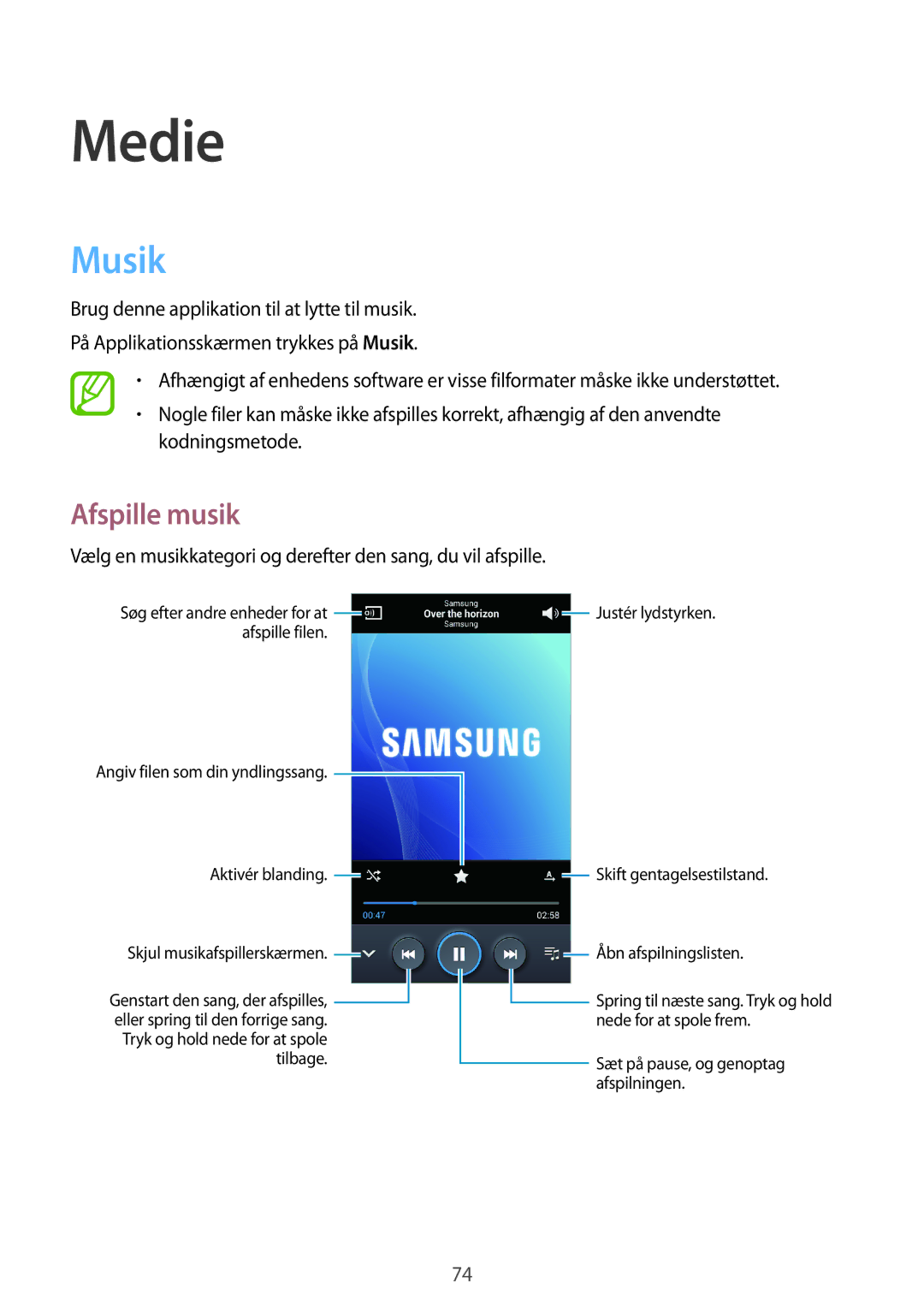 Samsung GT-I9301OKINEE manual Medie, Musik, Afspille musik, Vælg en musikkategori og derefter den sang, du vil afspille 