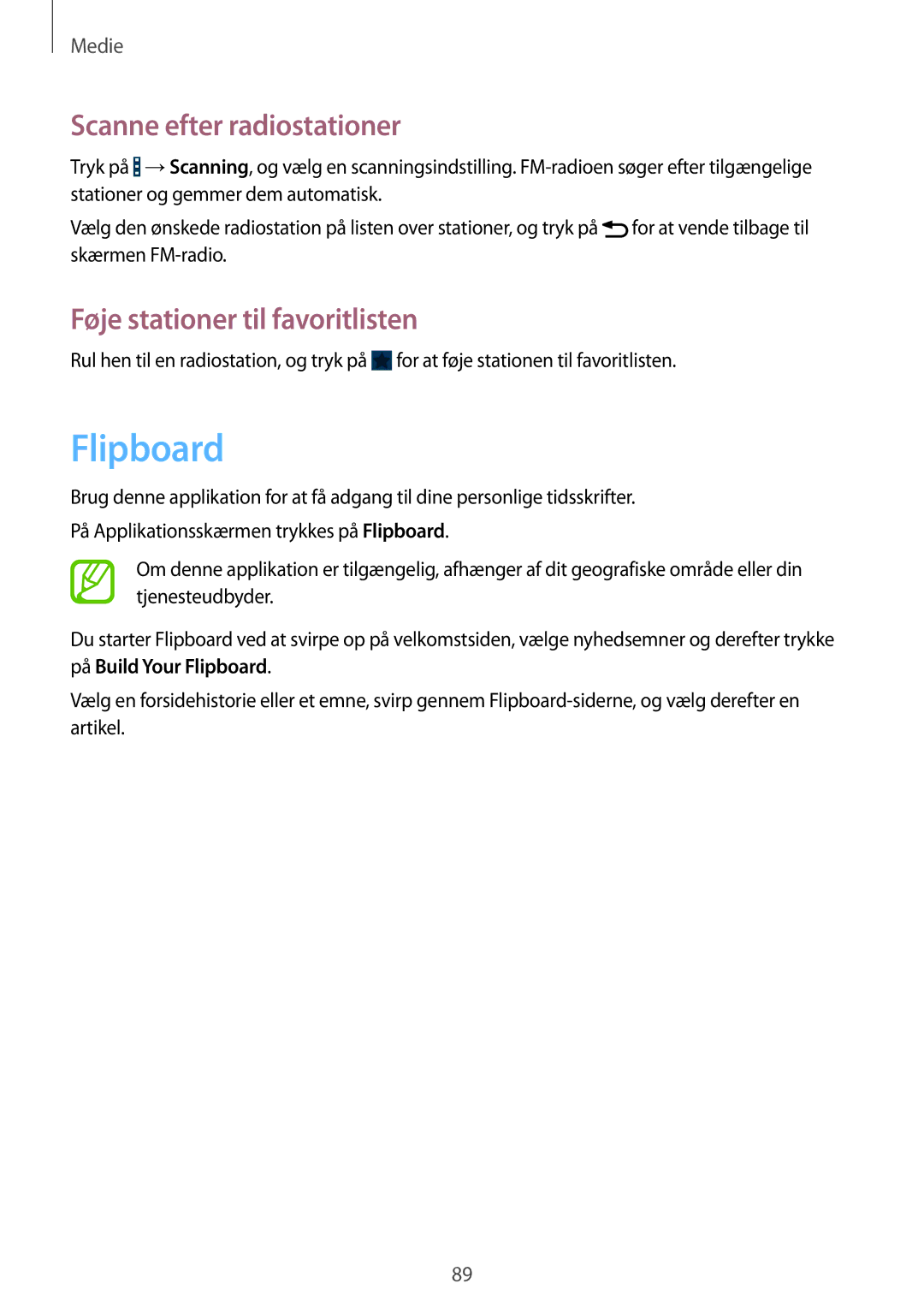 Samsung GT-I9301RWINEE, GT-I9301MBINEE manual Flipboard, Scanne efter radiostationer, Føje stationer til favoritlisten 