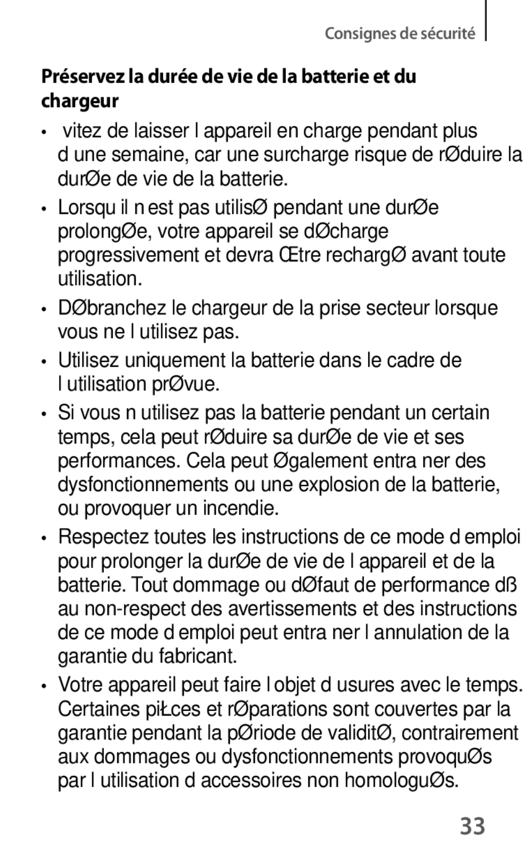 Samsung GT-I9301MBZXEF, GT-I9301MBIXEF, GT-I9301RWIXEF manual Préservez la durée de vie de la batterie et du chargeur 