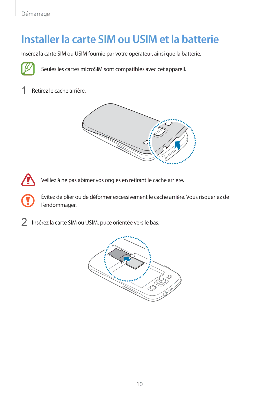 Samsung GT-I9301RWIXEF, GT-I9301MBIXEF, GT-I9301MBZXEF, GT-I9301RWZXEF manual Installer la carte SIM ou Usim et la batterie 