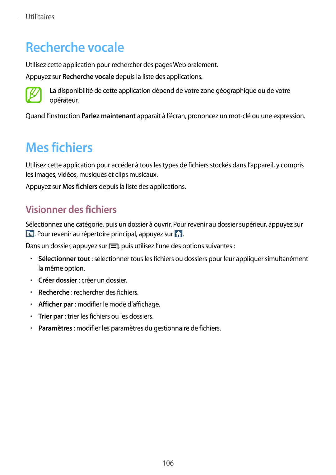 Samsung GT-I9301RWIXEF, GT-I9301MBIXEF, GT-I9301MBZXEF manual Recherche vocale, Mes fichiers, Visionner des fichiers 