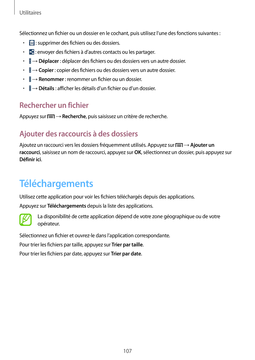 Samsung GT-I9301RWZXEF, GT-I9301MBIXEF manual Téléchargements, Rechercher un fichier, Ajouter des raccourcis à des dossiers 