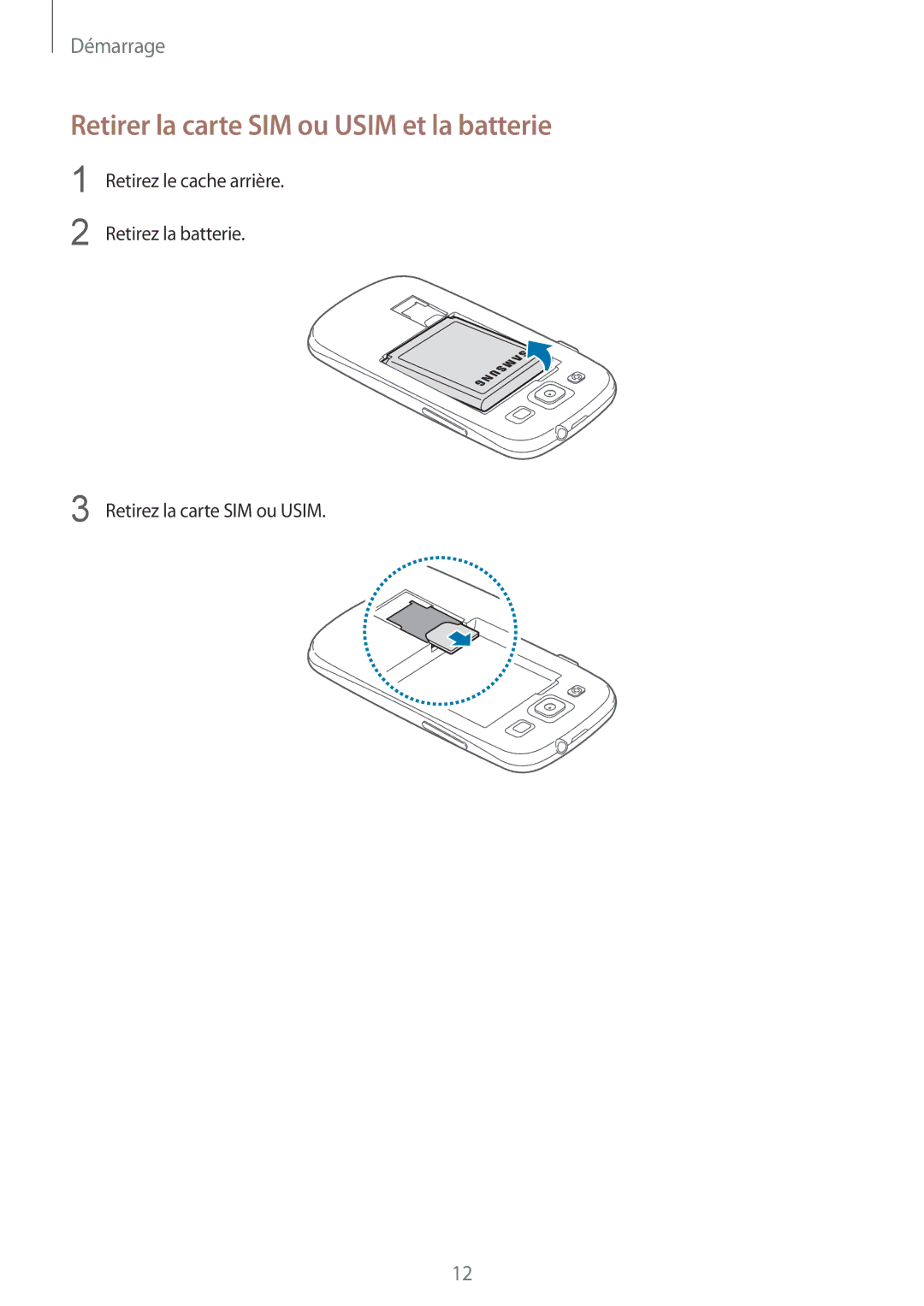 Samsung GT-I9301MBIXEF, GT-I9301MBZXEF, GT-I9301RWIXEF, GT-I9301RWZXEF manual Retirer la carte SIM ou Usim et la batterie 