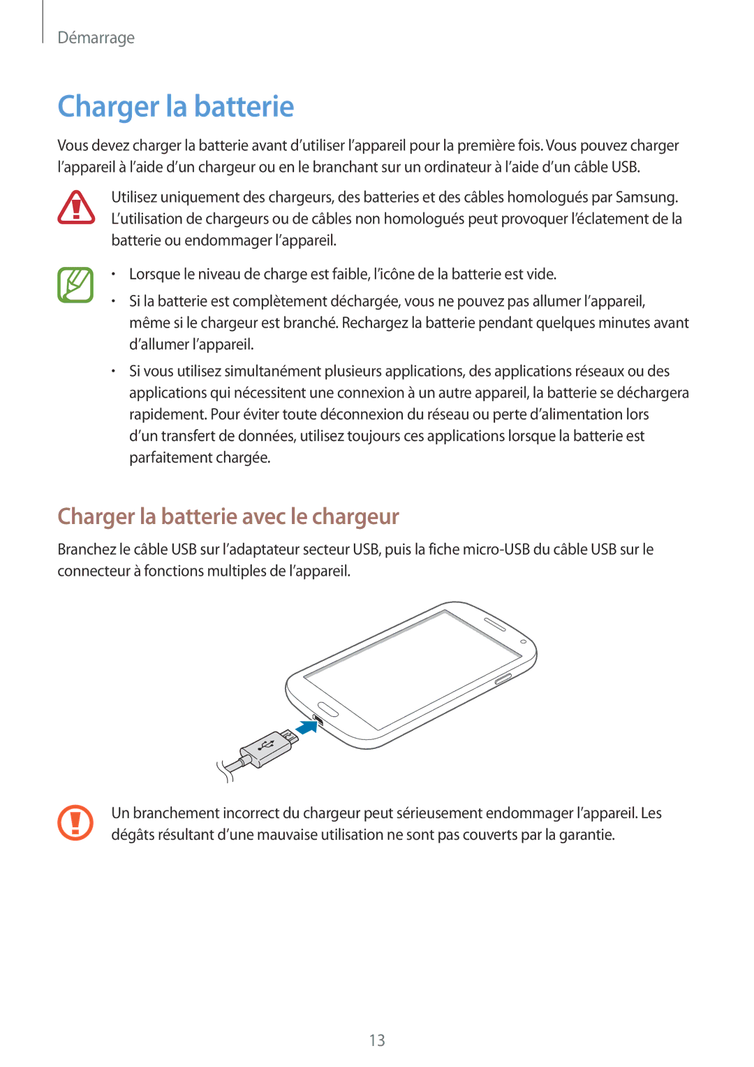 Samsung GT-I9301MBZXEF, GT-I9301MBIXEF, GT-I9301RWIXEF, GT-I9301RWZXEF manual Charger la batterie avec le chargeur 