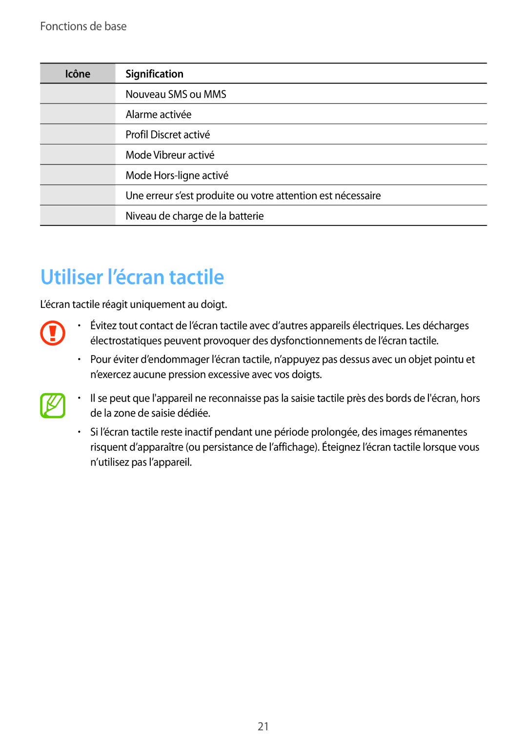 Samsung GT-I9301MBZXEF, GT-I9301MBIXEF, GT-I9301RWIXEF, GT-I9301RWZXEF manual Utiliser l’écran tactile, Fonctions de base 