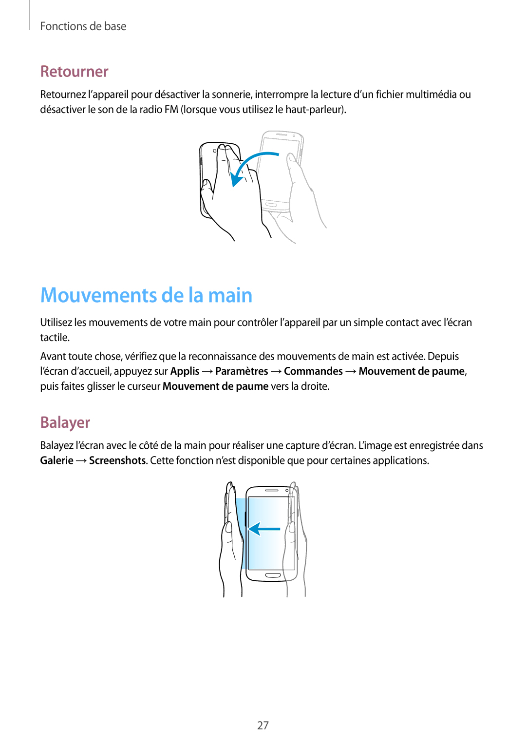 Samsung GT-I9301RWZXEF, GT-I9301MBIXEF, GT-I9301MBZXEF, GT-I9301RWIXEF manual Mouvements de la main, Retourner, Balayer 