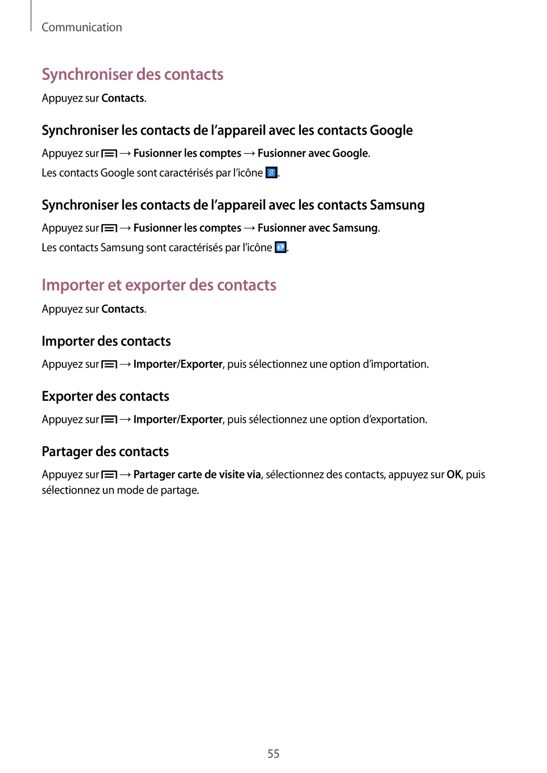 Samsung GT-I9301RWZXEF, GT-I9301MBIXEF Synchroniser des contacts, Importer et exporter des contacts, Importer des contacts 