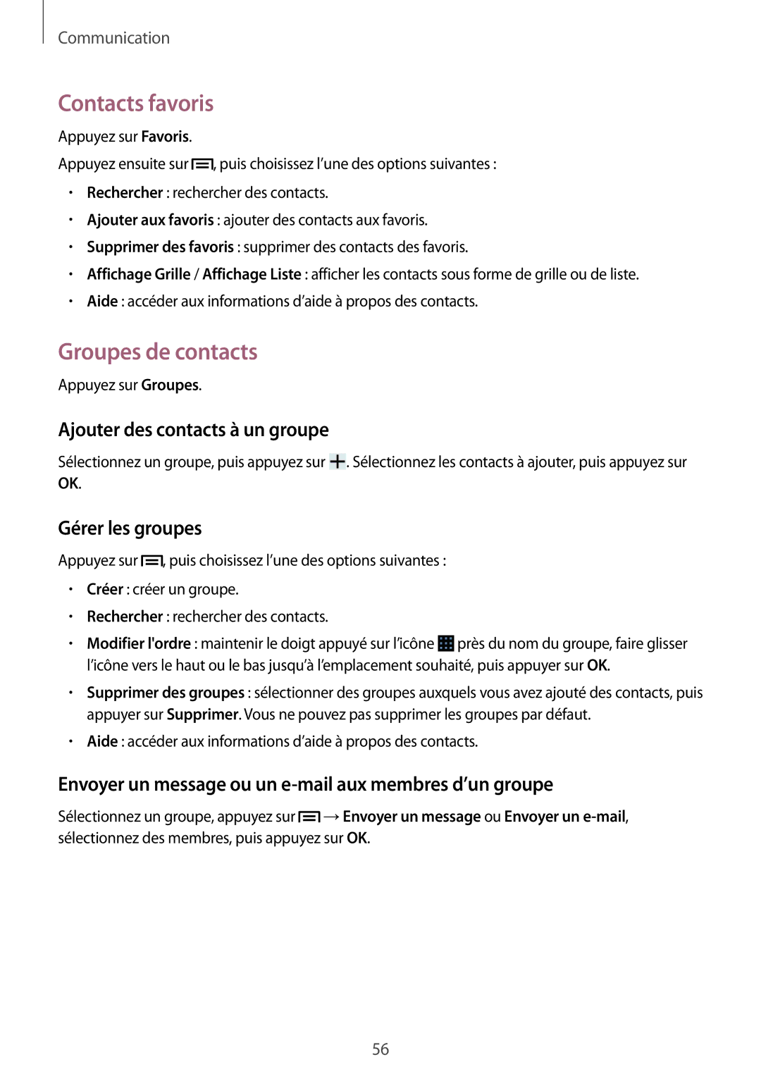 Samsung GT-I9301MBIXEF manual Contacts favoris, Groupes de contacts, Ajouter des contacts à un groupe, Gérer les groupes 