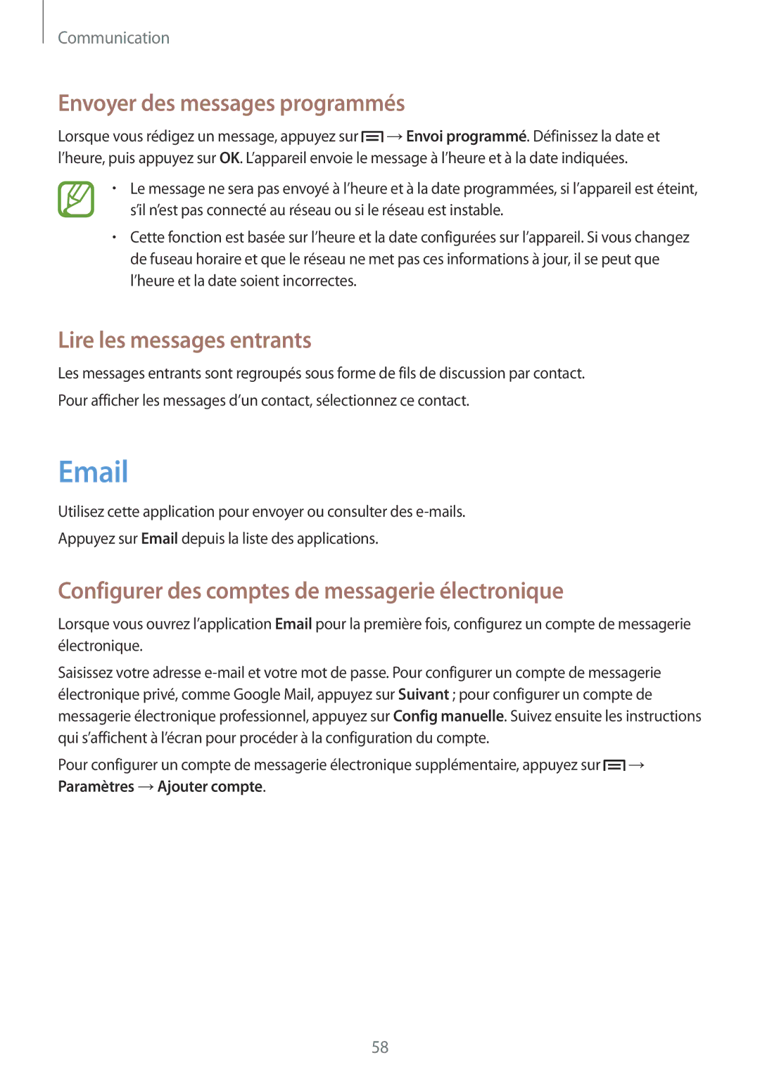 Samsung GT-I9301RWIXEF, GT-I9301MBIXEF, GT-I9301MBZXEF manual Envoyer des messages programmés, Lire les messages entrants 