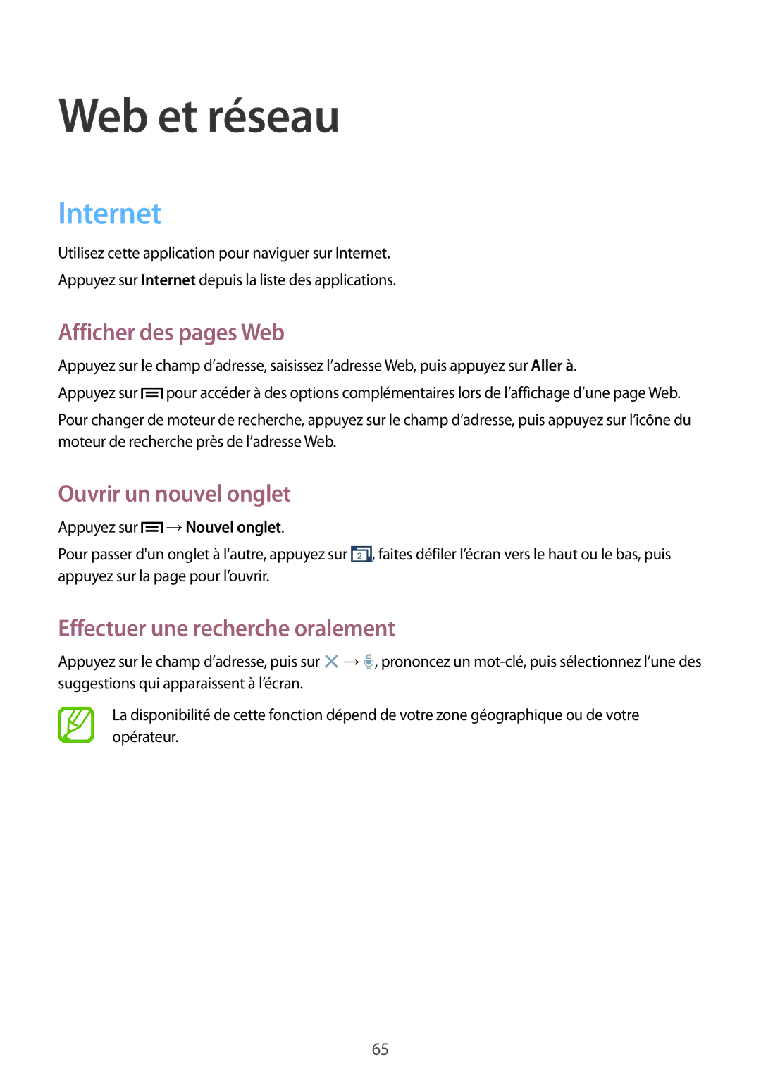 Samsung GT-I9301MBZXEF manual Internet, Afficher des pages Web, Ouvrir un nouvel onglet, Effectuer une recherche oralement 