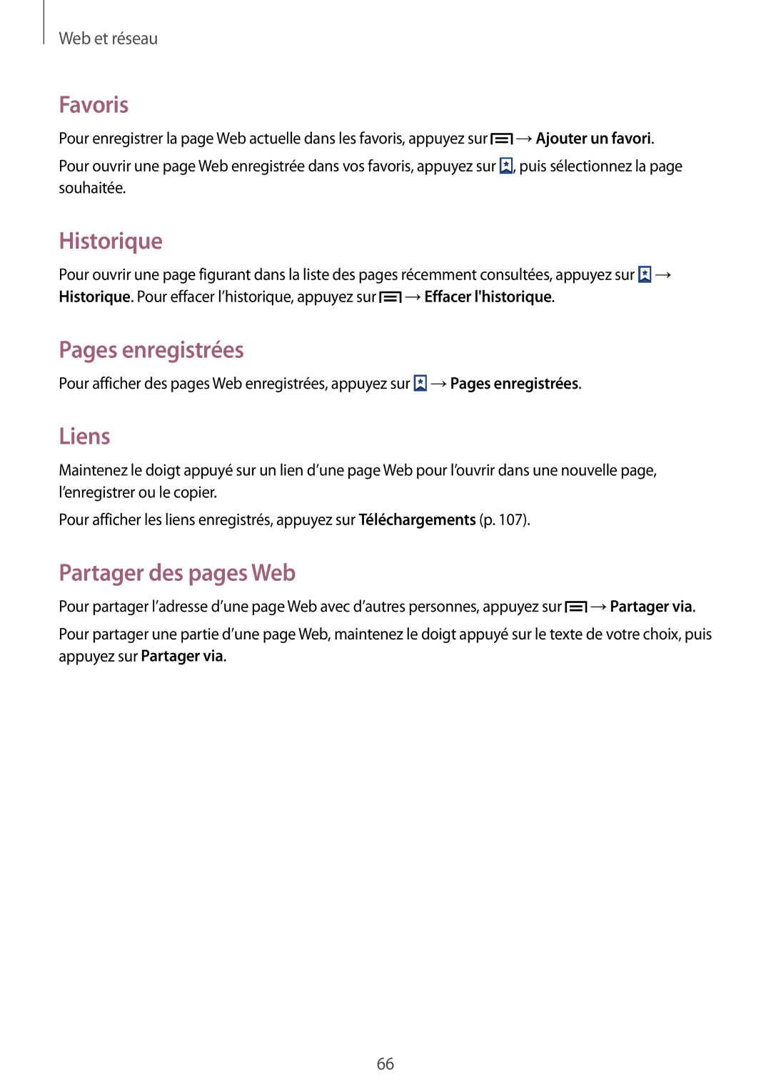 Samsung GT-I9301RWIXEF, GT-I9301MBIXEF manual Favoris, Historique, Pages enregistrées, Liens, Partager des pages Web 