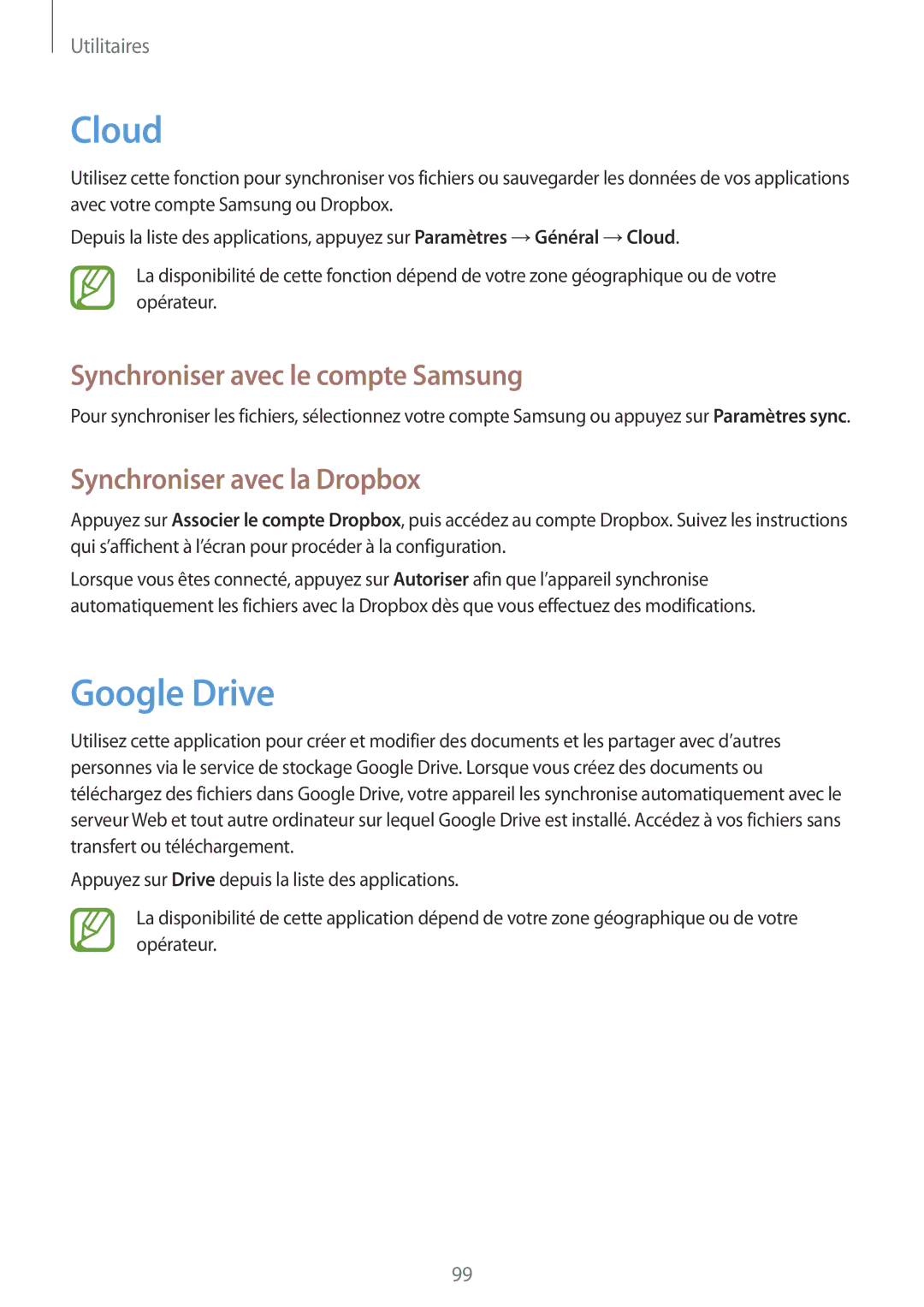 Samsung GT-I9301RWZXEF manual Cloud, Google Drive, Synchroniser avec le compte Samsung, Synchroniser avec la Dropbox 