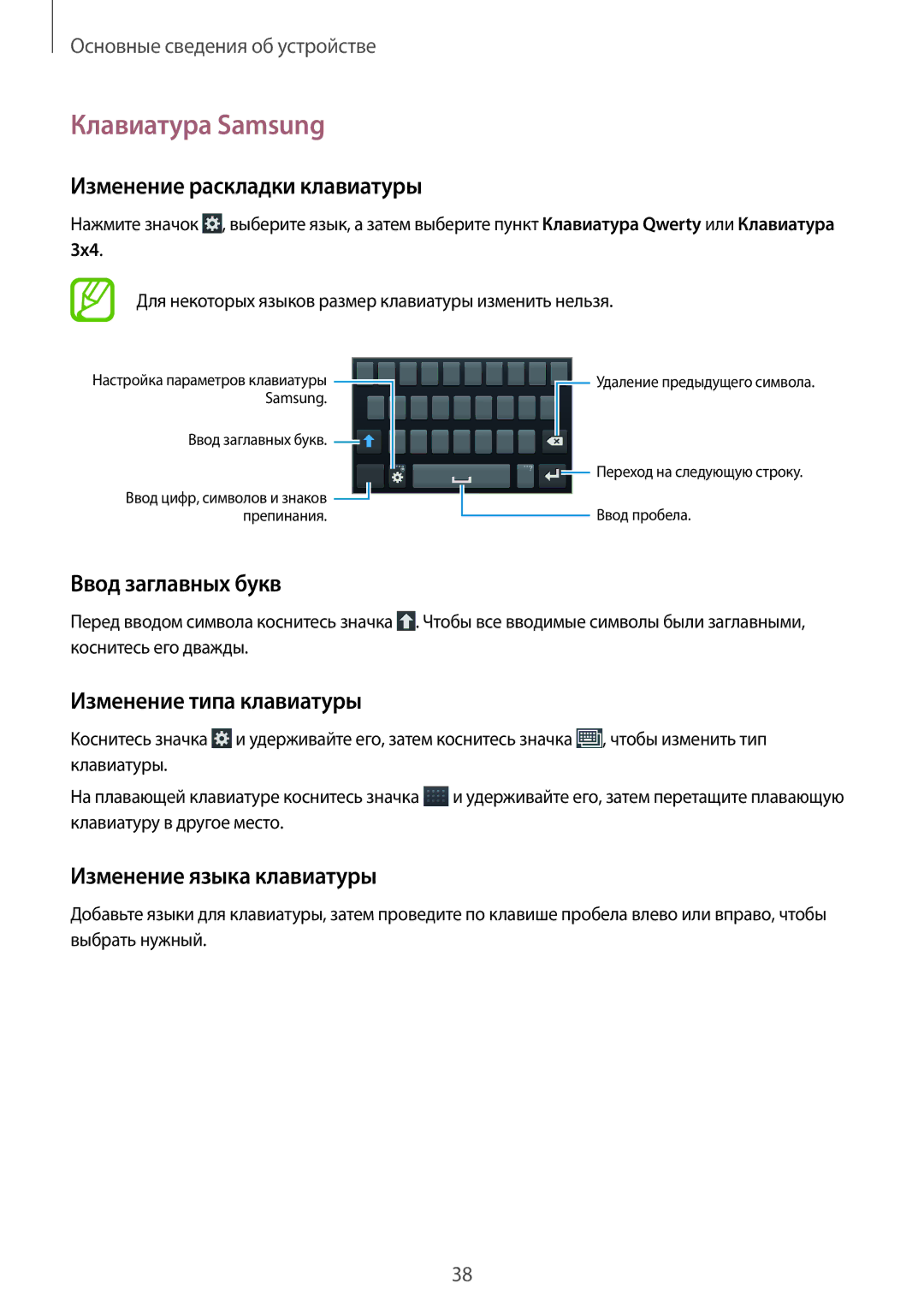 Samsung GT-I9301MBISEB Клавиатура Samsung, Изменение раскладки клавиатуры, Ввод заглавных букв, Изменение типа клавиатуры 