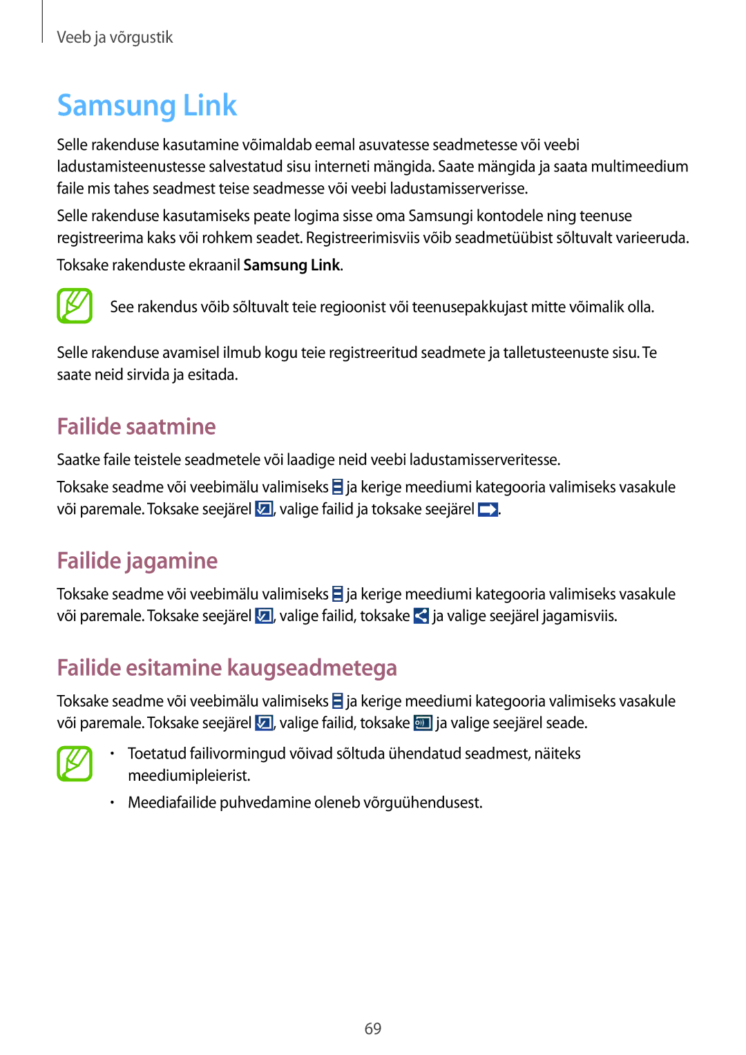 Samsung GT-I9301OKZSEB, GT-I9301MBZSEB Samsung Link, Failide saatmine, Failide jagamine, Failide esitamine kaugseadmetega 