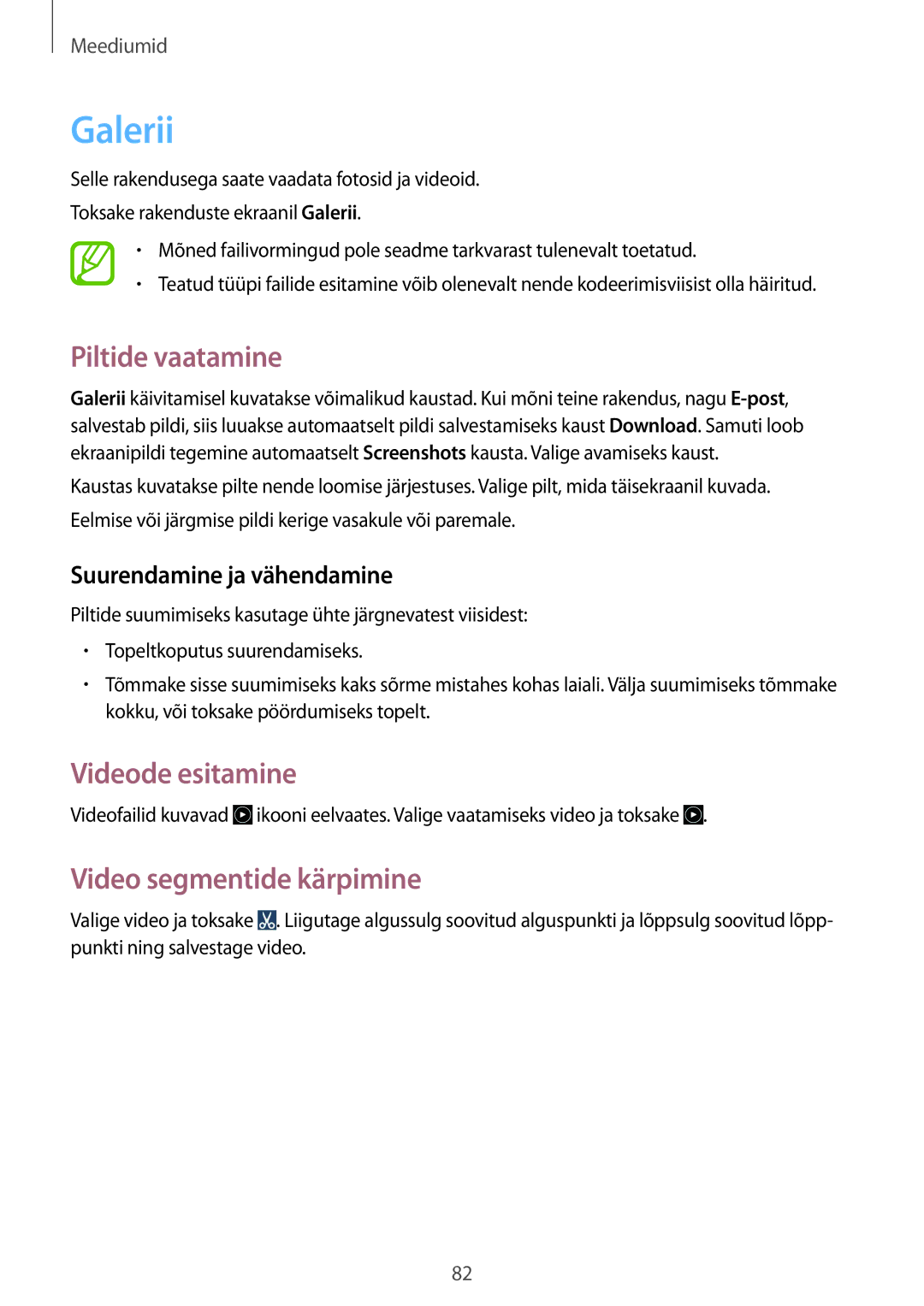 Samsung GT-I9301OKISEB, GT-I9301MBZSEB manual Galerii, Piltide vaatamine, Videode esitamine, Video segmentide kärpimine 