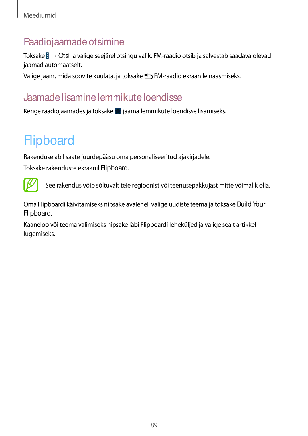 Samsung GT-I9301RWZSEB, GT-I9301MBZSEB manual Flipboard, Raadiojaamade otsimine, Jaamade lisamine lemmikute loendisse 