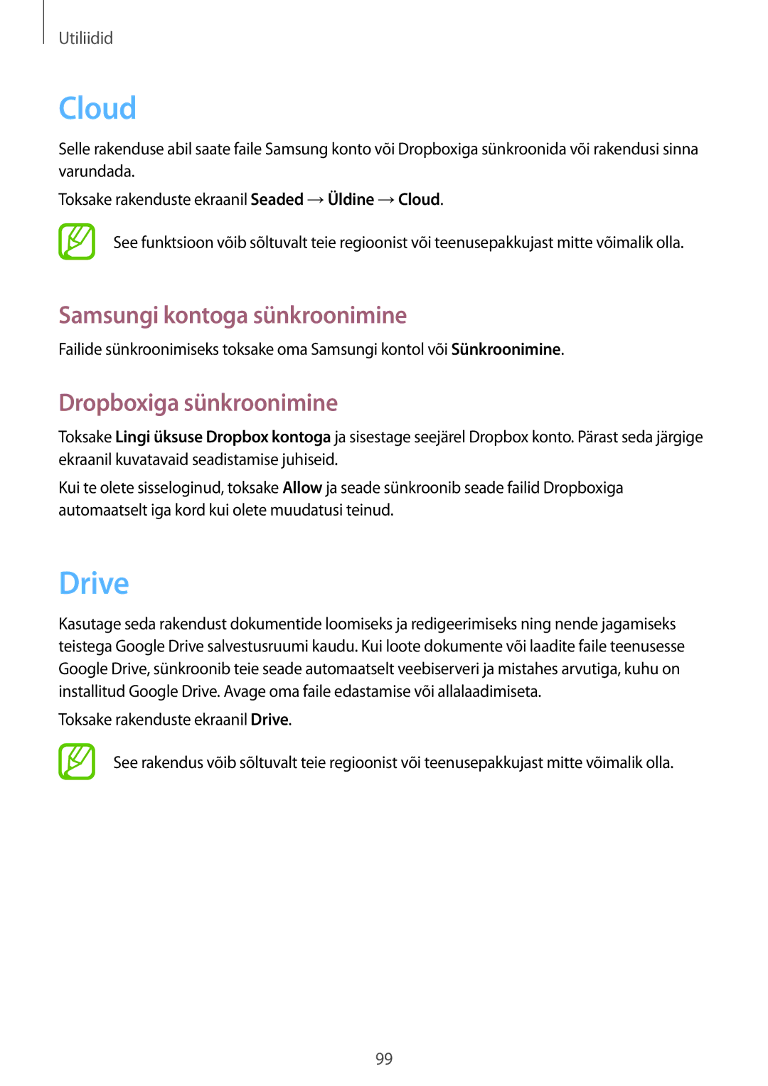 Samsung GT-I9301OKZSEB, GT-I9301MBZSEB manual Cloud, Drive, Samsungi kontoga sünkroonimine, Dropboxiga sünkroonimine 