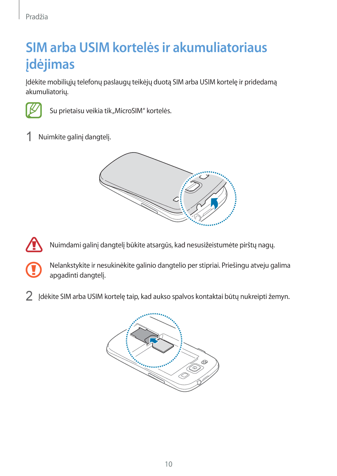 Samsung GT-I9301OKISEB, GT-I9301MBZSEB, GT-I9301RWISEB, GT-I9301MBISEB SIM arba Usim kortelės ir akumuliatoriaus įdėjimas 