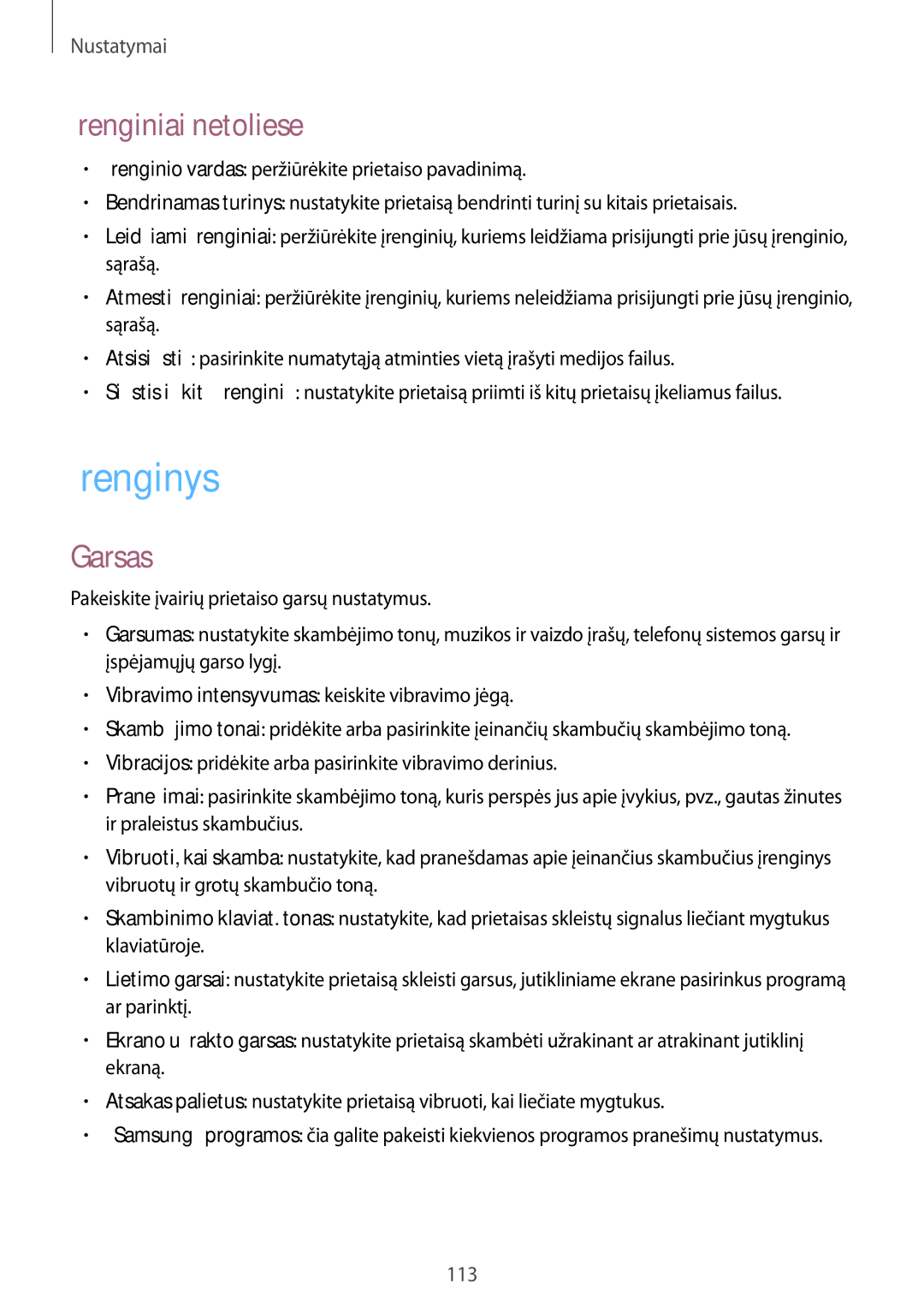 Samsung GT-I9301RWZSEB, GT-I9301MBZSEB, GT-I9301RWISEB, GT-I9301MBISEB manual Įrenginys, Įrenginiai netoliese, Garsas 