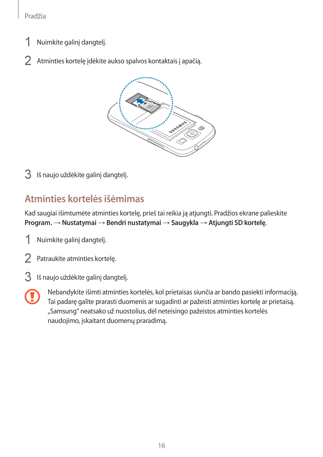 Samsung GT-I9301OKISEB, GT-I9301MBZSEB, GT-I9301RWISEB, GT-I9301MBISEB, GT-I9301OKZSEB manual Atminties kortelės išėmimas 