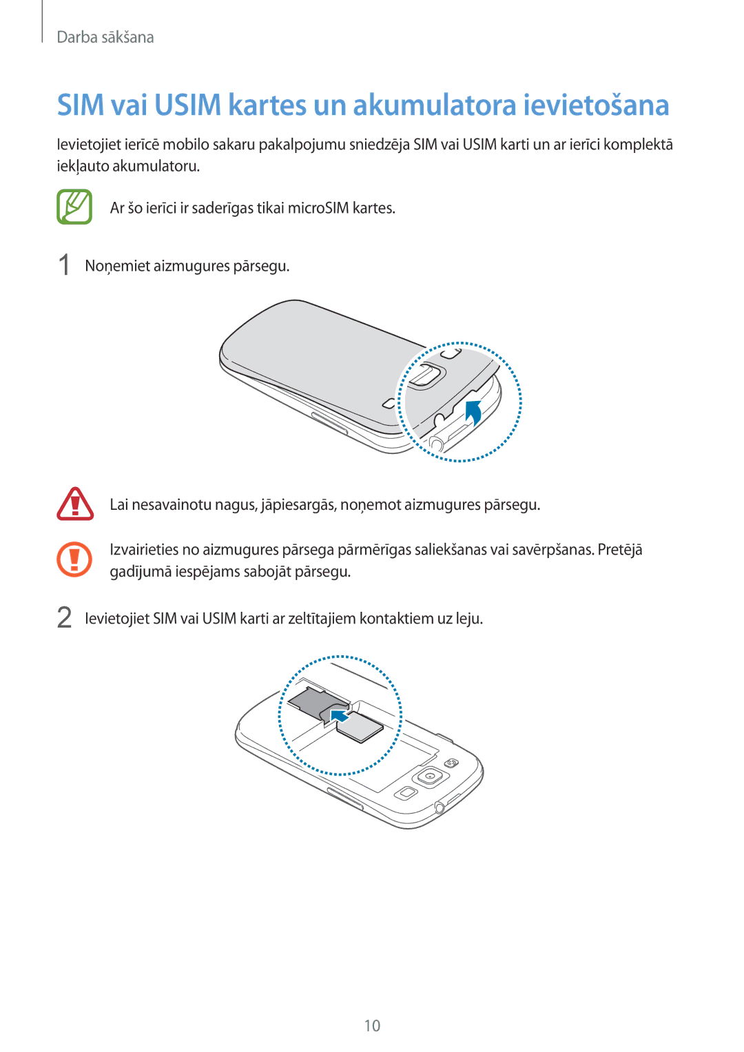 Samsung GT-I9301OKISEB, GT-I9301MBZSEB, GT-I9301RWISEB, GT-I9301MBISEB manual SIM vai Usim kartes un akumulatora ievietošana 