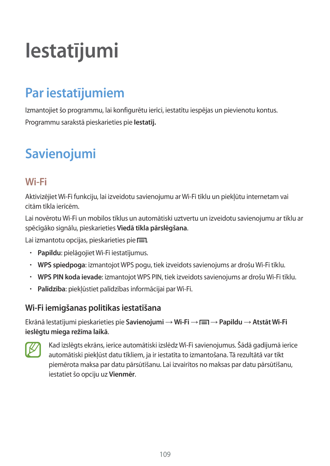 Samsung GT-I9301RWISEB manual Iestatījumi, Par iestatījumiem, Savienojumi, Wi-Fi iemigšanas politikas iestatīšana 