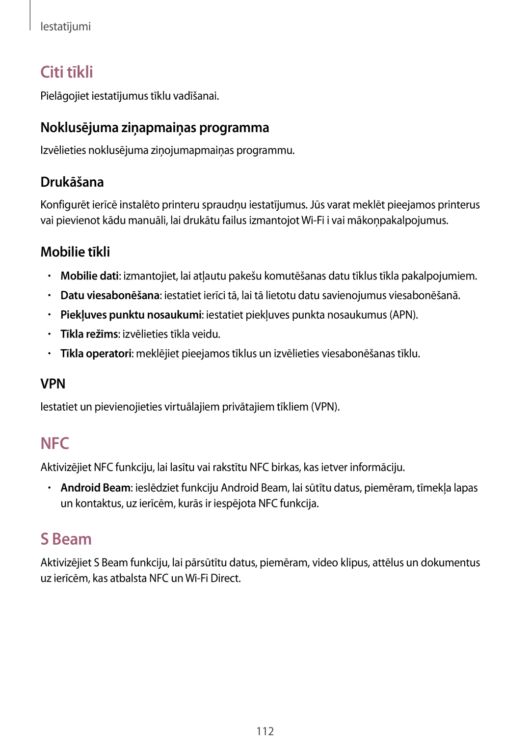 Samsung GT-I9301OKISEB, GT-I9301MBZSEB manual Citi tīkli, Beam, Noklusējuma ziņapmaiņas programma, Drukāšana, Mobilie tīkli 