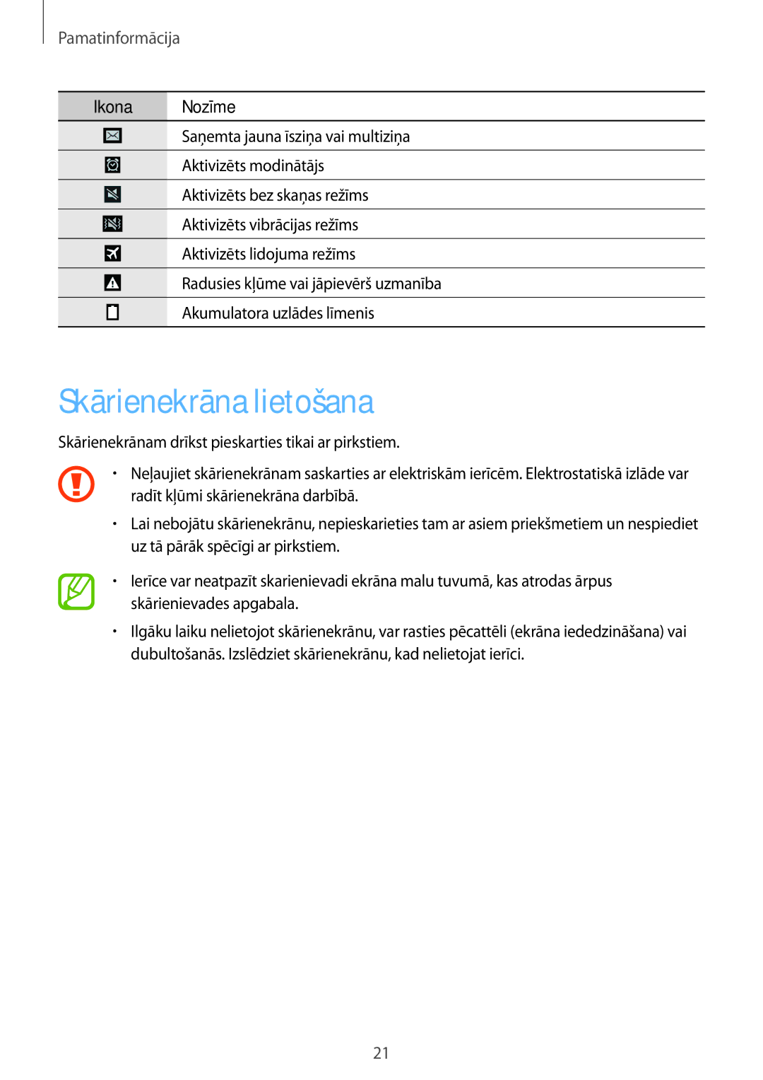 Samsung GT-I9301OKZSEB, GT-I9301MBZSEB, GT-I9301RWISEB, GT-I9301MBISEB manual Skārienekrāna lietošana, Pamatinformācija 