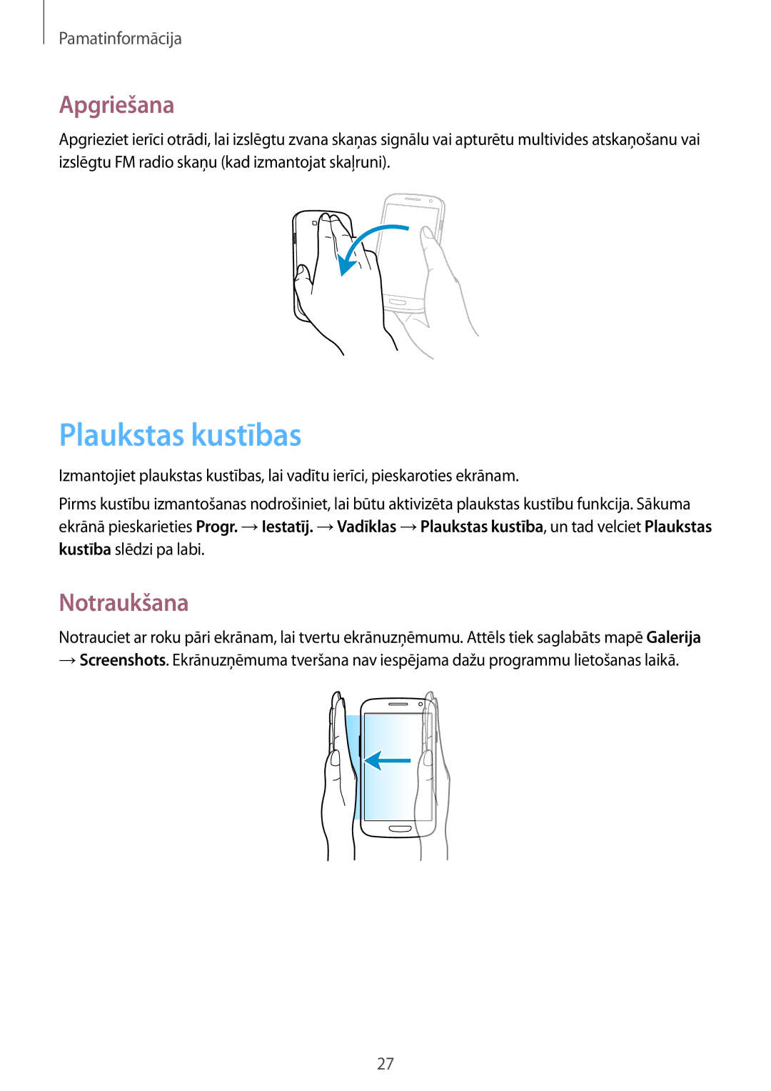 Samsung GT-I9301OKZSEB, GT-I9301MBZSEB, GT-I9301RWISEB, GT-I9301MBISEB manual Plaukstas kustības, Apgriešana, Notraukšana 