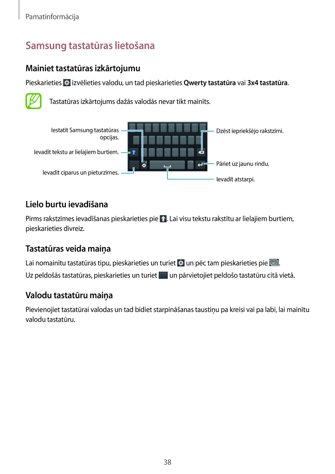 Samsung GT-I9301MBISEB manual Samsung tastatūras lietošana, Mainiet tastatūras izkārtojumu, Lielo burtu ievadīšana 