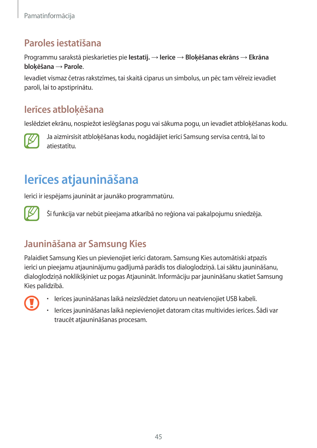 Samsung GT-I9301OKZSEB manual Ierīces atjaunināšana, Paroles iestatīšana, Ierīces atbloķēšana, Jaunināšana ar Samsung Kies 
