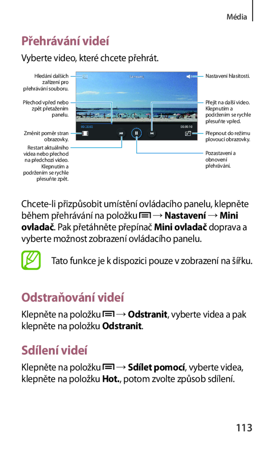 Samsung GT-I9301OKIXEH, GT-I9301MBZXEO manual Odstraňování videí, Sdílení videí, 113, Vyberte video, které chcete přehrát 