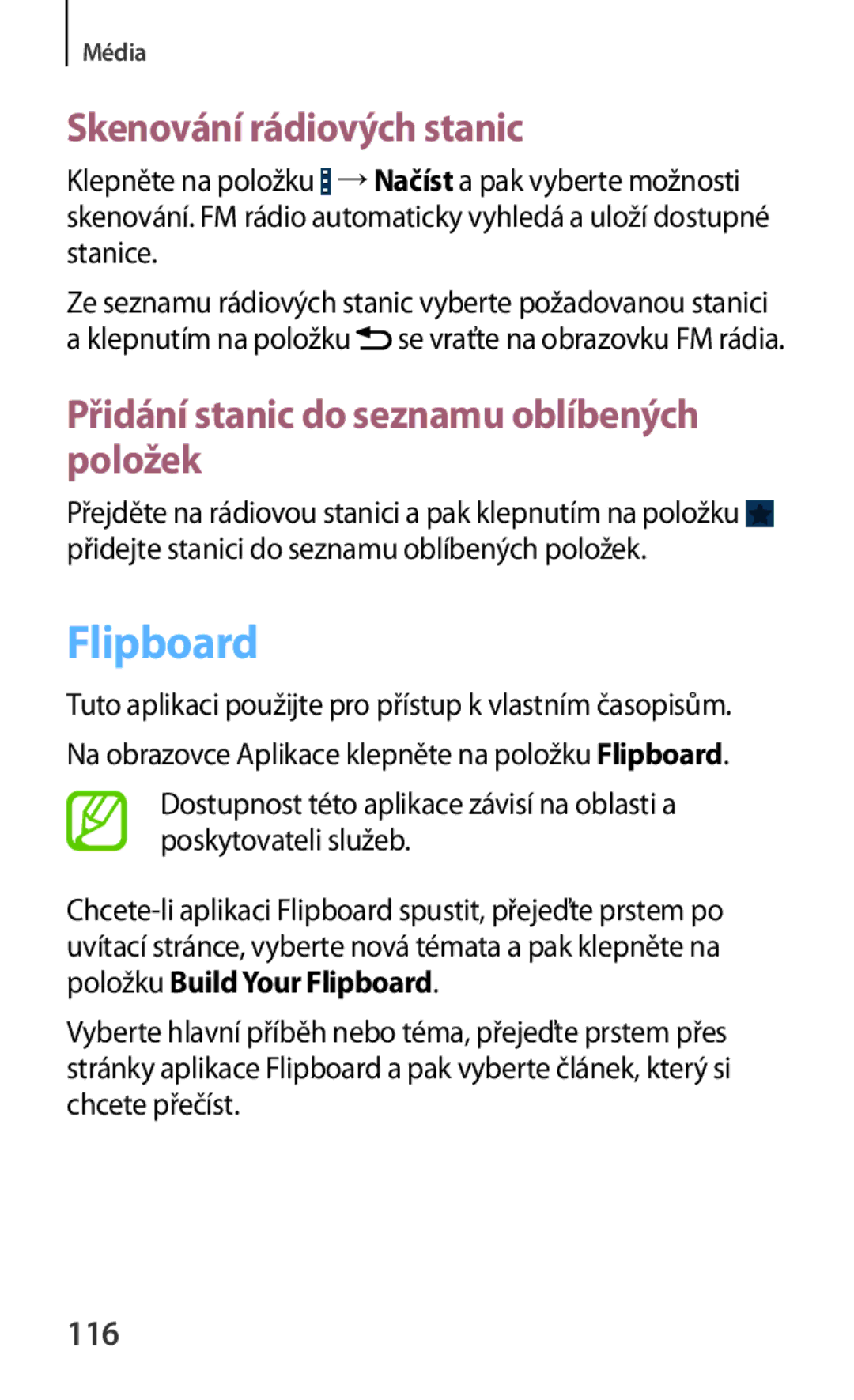 Samsung GT-I9301RWZORX manual Flipboard, Skenování rádiových stanic, Přidání stanic do seznamu oblíbených položek, 116 