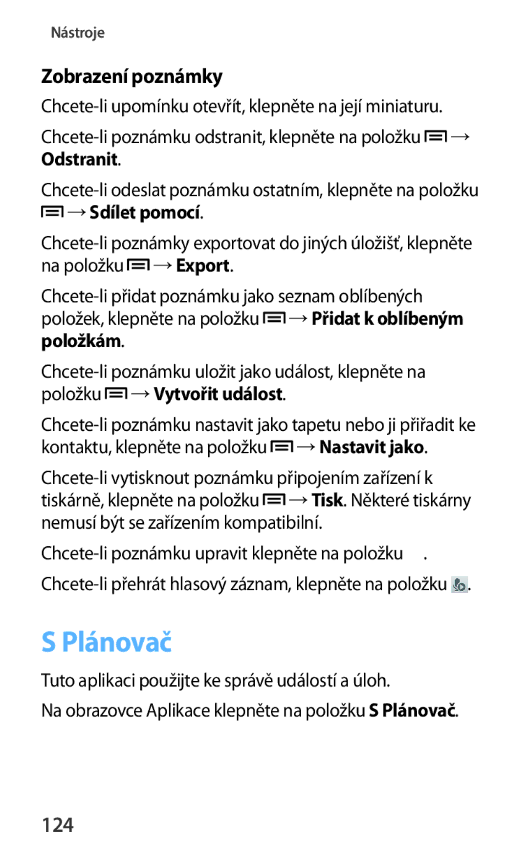 Samsung GT-I9301MBIATO Plánovač, Zobrazení poznámky, 124, →Sdílet pomocí, Tuto aplikaci použijte ke správě událostí a úloh 