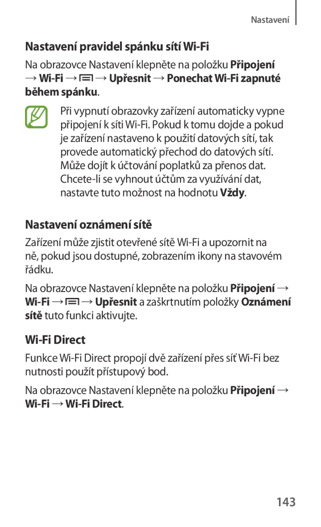 Samsung GT-I9301RWITTR, GT-I9301MBZXEO Nastavení pravidel spánku sítí Wi-Fi, Nastavení oznámení sítě, Wi-Fi Direct, 143 