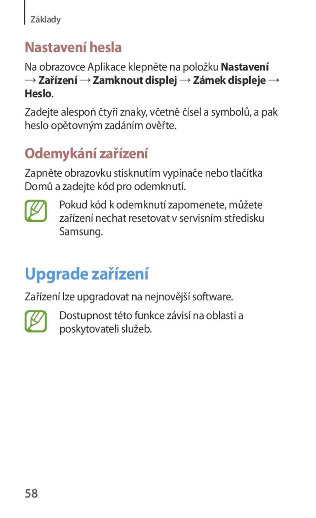 Samsung GT-I9301MBIEUR, GT-I9301MBZXEO, GT-I9301OKIATO, GT-I9301RWZXEO Upgrade zařízení, Nastavení hesla, Odemykání zařízení 