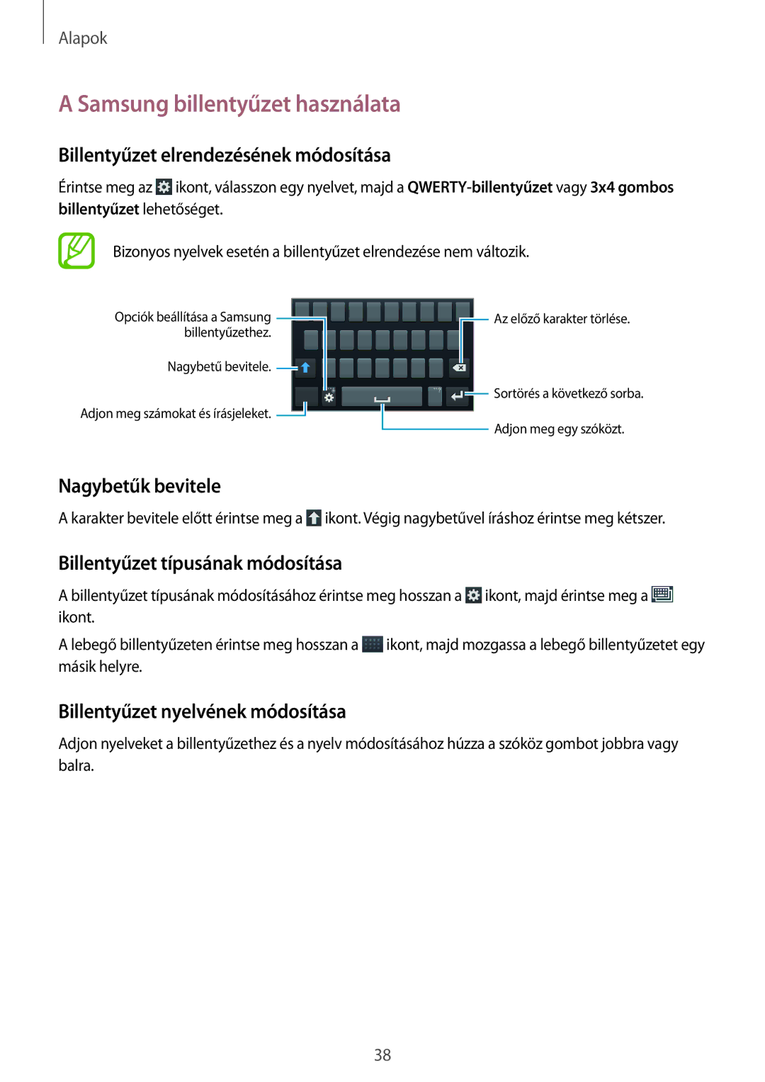 Samsung GT-I9301MBZATO manual Samsung billentyűzet használata, Billentyűzet elrendezésének módosítása, Nagybetűk bevitele 