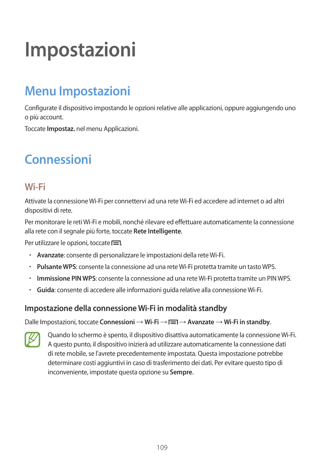 Samsung GT-I9301MBIETL Menu Impostazioni, Connessioni, Impostazione della connessione Wi-Fi in modalità standby 