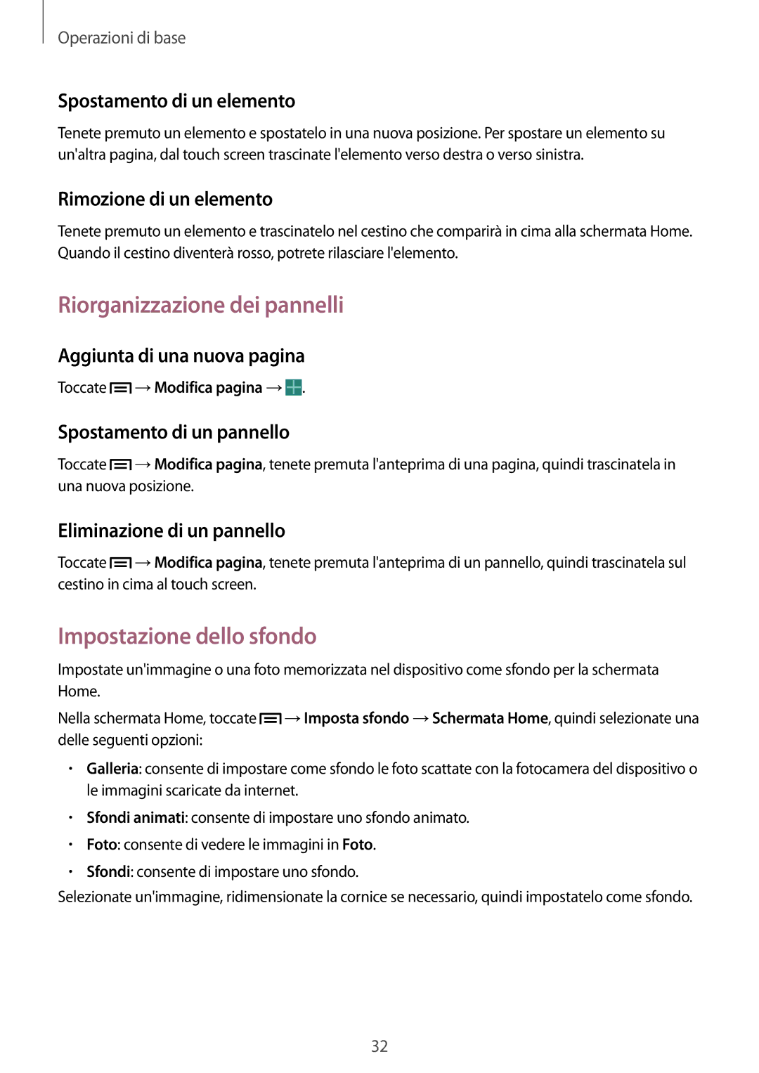 Samsung GT-I9301RWIETL, GT-I9301MBZXEO, GT-I9301RWISEB manual Riorganizzazione dei pannelli, Impostazione dello sfondo 