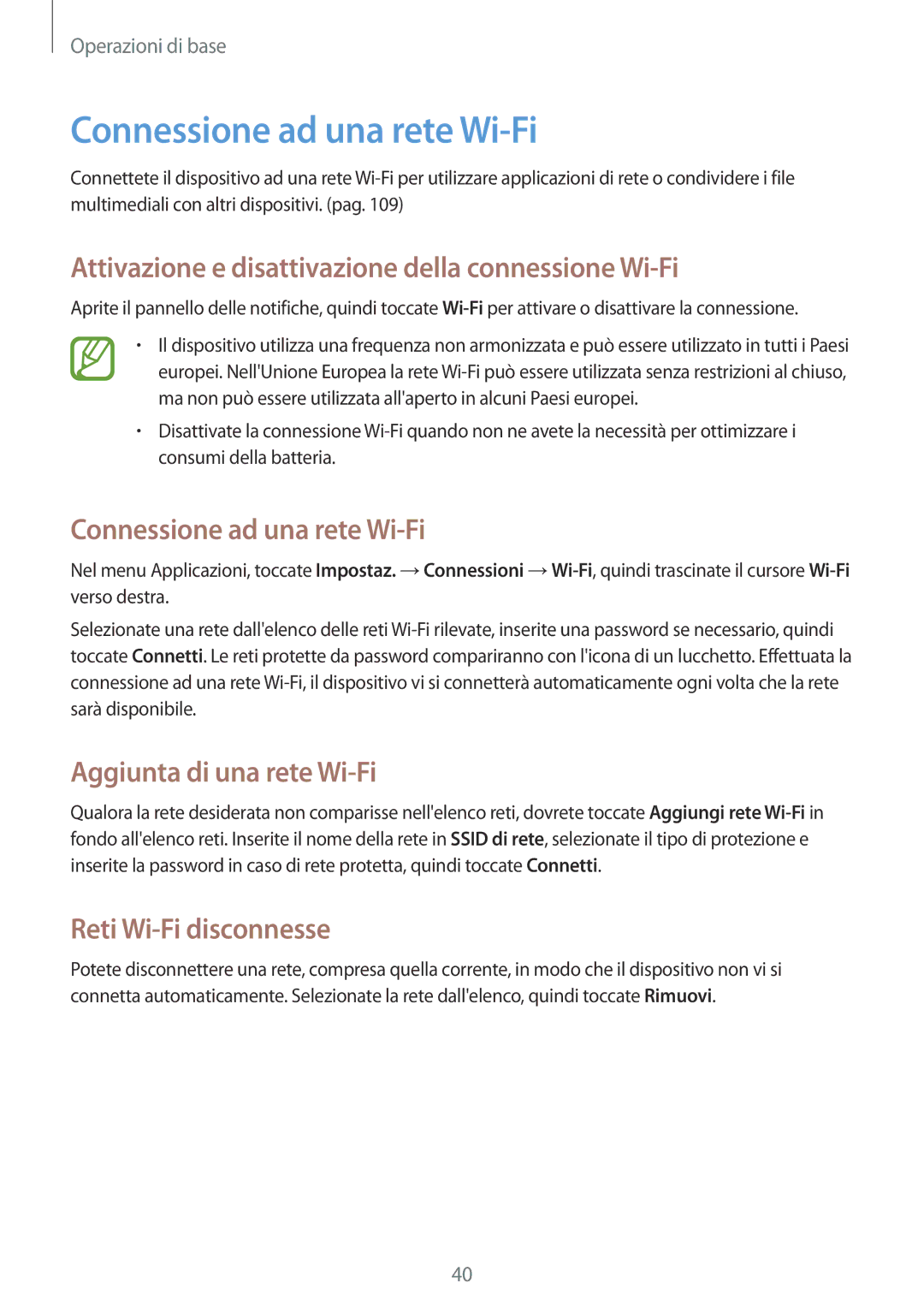 Samsung GT-I9301MBIETL, GT-I9301MBZXEO Connessione ad una rete Wi-Fi, Attivazione e disattivazione della connessione Wi-Fi 