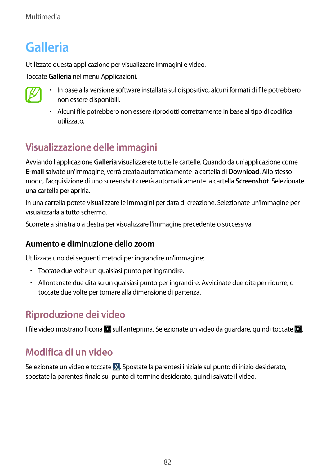 Samsung GT-I9301RWZROM manual Galleria, Visualizzazione delle immagini, Riproduzione dei video, Modifica di un video 