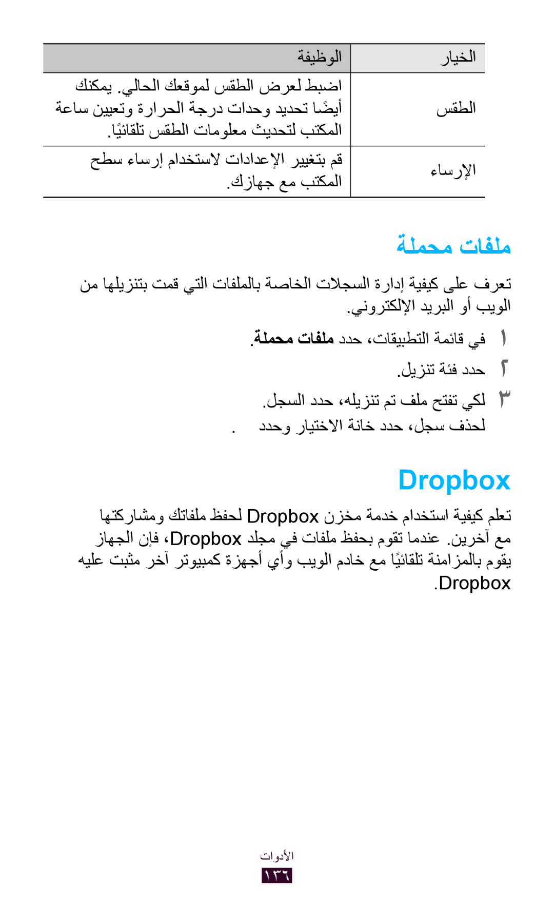 Samsung GT-I9305RWDKSA, GT-I9305MBDKSS, GT-I9305RWDKSS, GT-I9305TADKSS, GT-I9305TADKSA manual ةلمحم تافلم, Dropbox 