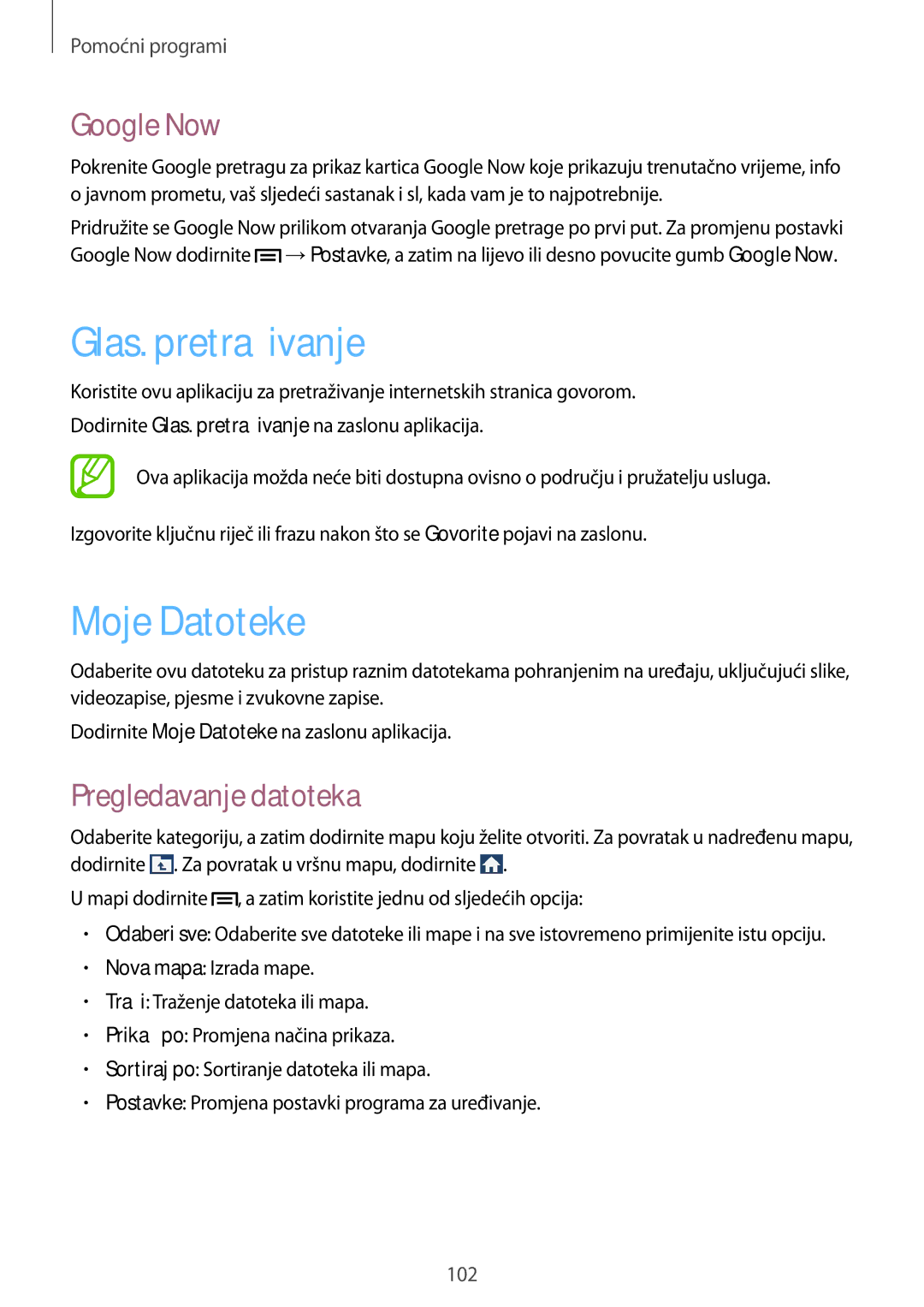 Samsung GT-I9305MBDVIP, GT-I9305OKASWC manual Glas. pretraživanje, Moje Datoteke, Google Now, Pregledavanje datoteka 