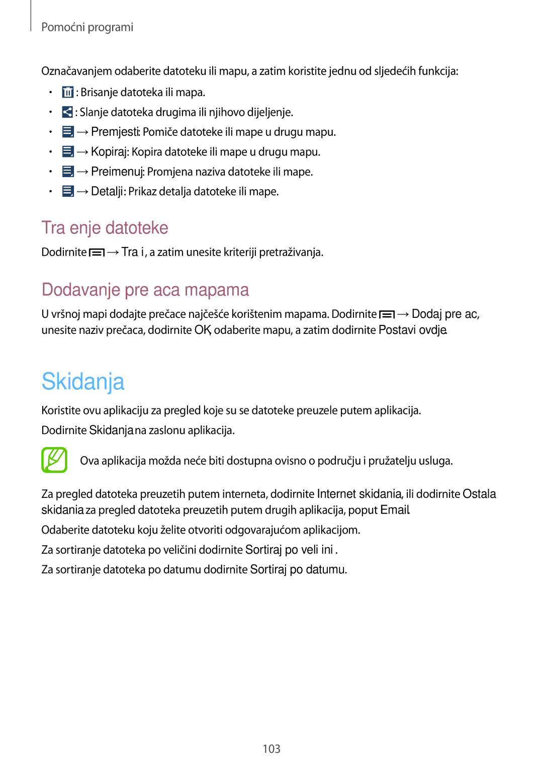 Samsung GT-I9305OKASWC, GT-I9305MBDVIP, GT-I9305OKDCRO manual Skidanja, Traženje datoteke, Dodavanje prečaca mapama 