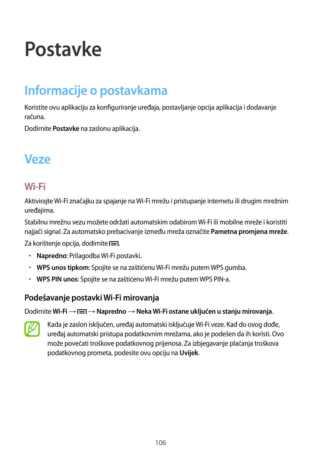 Samsung GT-I9305OKASWC, GT-I9305MBDVIP manual Informacije o postavkama, Veze, Podešavanje postavki Wi-Fi mirovanja 