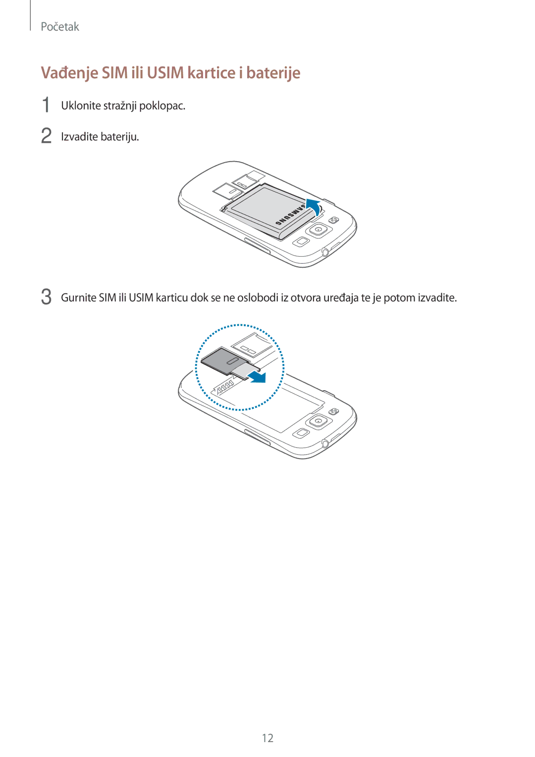 Samsung GT-I9305MBDVIP, GT-I9305OKASWC, GT-I9305OKDCRO manual Vađenje SIM ili Usim kartice i baterije 