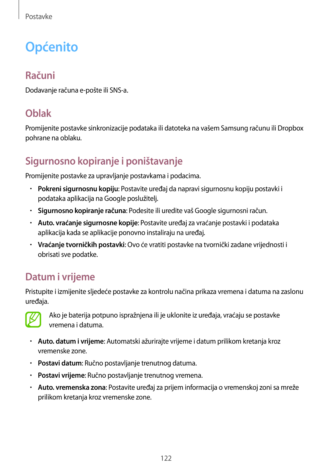 Samsung GT-I9305OKDCRO, GT-I9305MBDVIP manual Općenito, Računi, Oblak, Sigurnosno kopiranje i poništavanje, Datum i vrijeme 