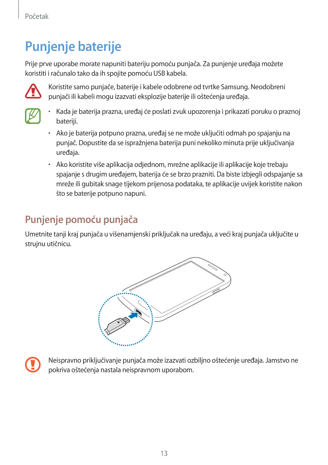 Samsung GT-I9305OKASWC, GT-I9305MBDVIP, GT-I9305OKDCRO manual Punjenje baterije, Punjenje pomoću punjača 